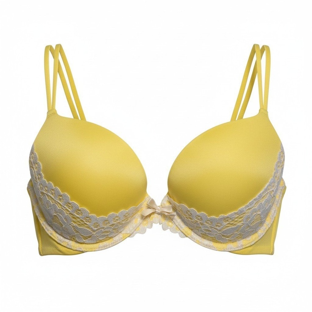 Victorias Secret Yellow Lace Trim Push Up Bra 34C Satin Double Strap
